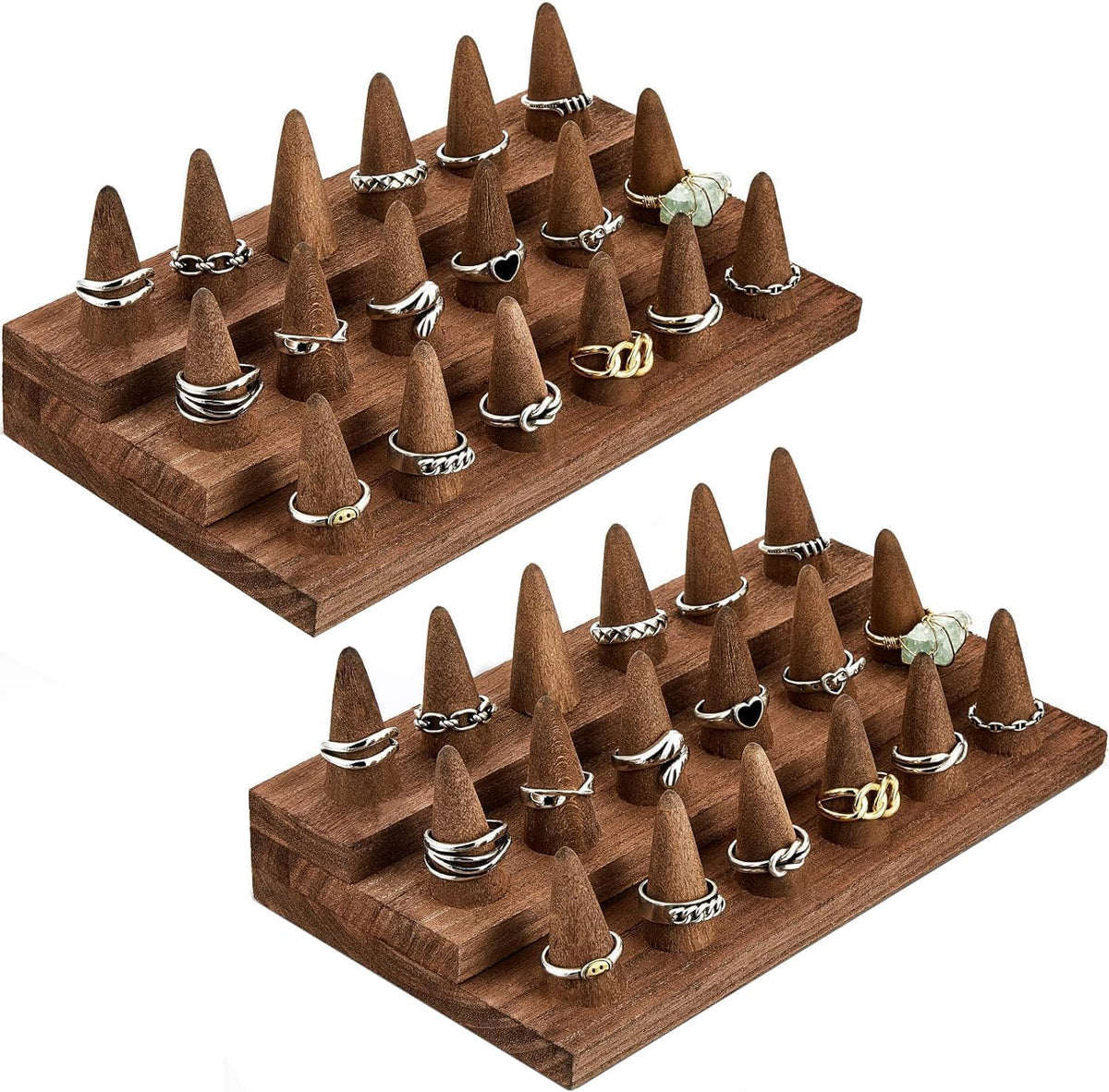 2Pcs Wooden Ring Display Stand, 3 Tier Ring Organizer for 18 Rings Storage Selling, Wood Ring Holder Wooden Ring Organizer, Jewelry Display Holder Showcase for Ring Organizer Jewelry Show Storage