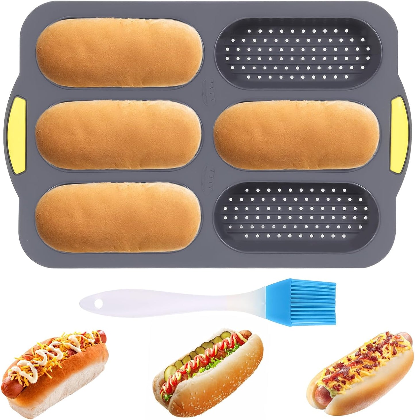 Silicone Baguette Pan, Hot Dog Bun Pan with Oil Brush, 6 Gutter Nonstick French Bread Bake Mold, French Bread Loaf Pan for Hot Dog Bun Rolls Cake, Heat Resistant, Dishwasher Safe (Gray)