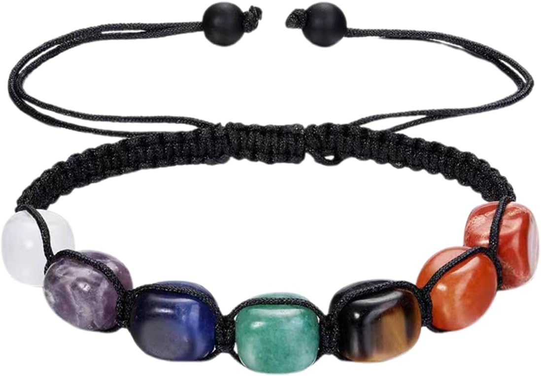 7 Chakra Bracelet, Beaded Braided Bracelet, Natural Gemstone 7 Chakra Healing Crystal Bracelet Anxiety Braided Bracelet Yoga Reiki Chakras Stone Beads Healing Crystal Women Adjustable Jewellery, One