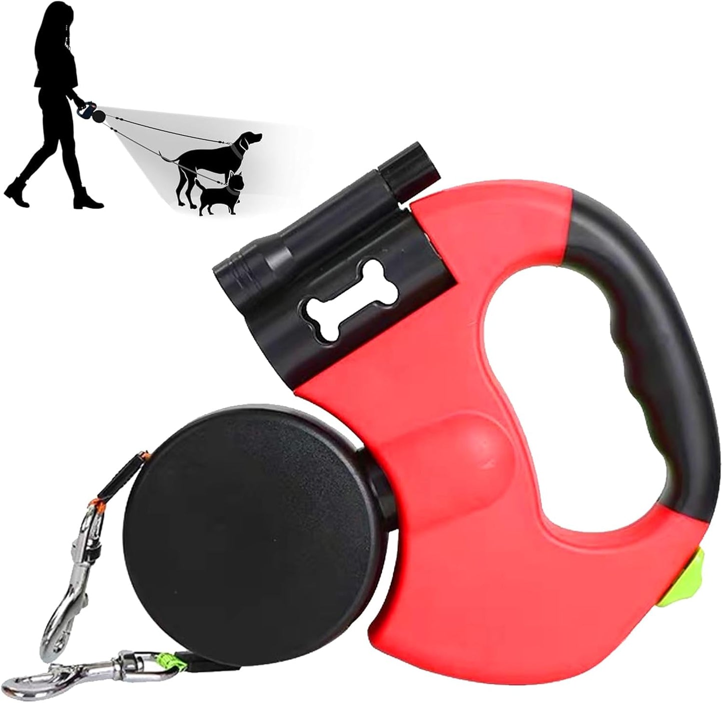 Double Head 10 ft Retractable Dog Leash with Integrated Waste Bag Dispenser Flashlight 360°Tangle Free Anti-Slip Handle Reflective Nylon Tape One Button Brake(Small Medium Dog Up to 15 kg,Red)