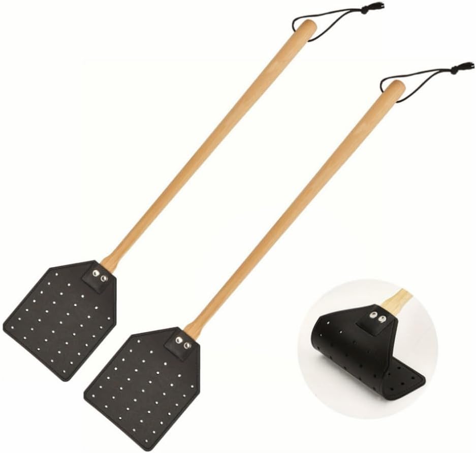 2Pcs Fly Swatter, Heavy Duty Fly Swatter with Long Wood Handle and Hanging Rope Durable for Indoor Outdoor Home Fly(Black)