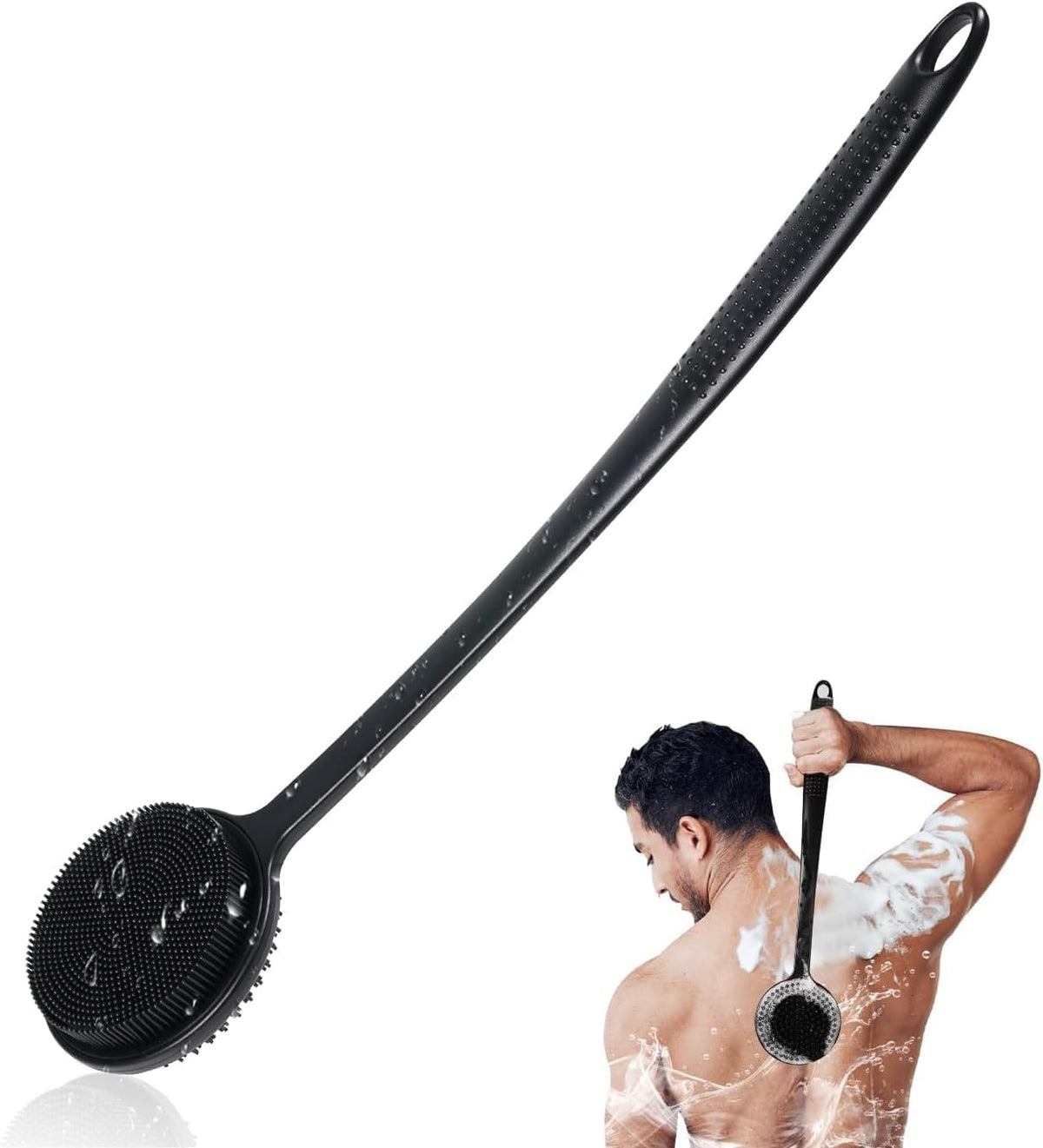 Silicone Back Scrubber for Shower, 17in Lengthen Long Handle Body Brush, Double Sided Shower Brush for Shower Exfoliating and Massage Can Produce Rich Foam, Long Handle Back Scrubber for Men and Women (Carbon black)
