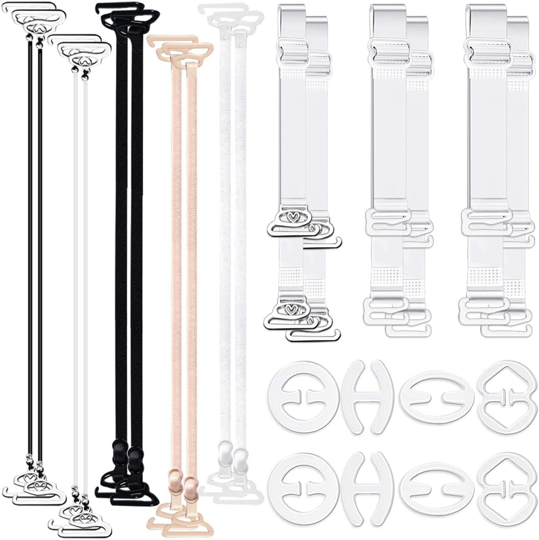 24 Pieces Clear Bra Straps, Invisible Adjustable Bra Strap Non-Slip Bra Replacement Shoulder Straps, 8 Pieces Clear Bra Strap Clips+16 Pieces Bra Straps for Women Full Cup Size