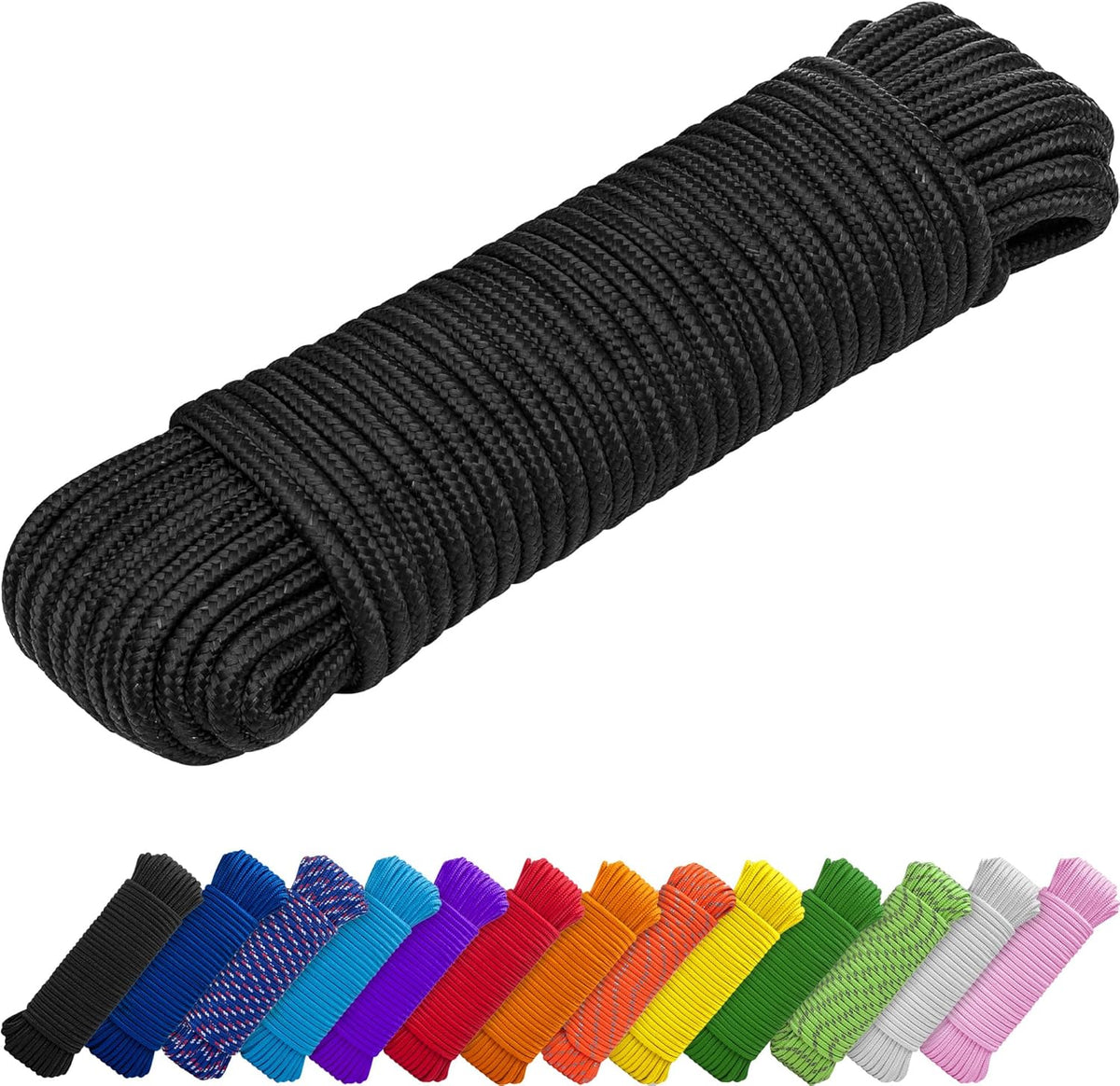 Rope – 1/4” & 3/8” – 90 FT | 150 FT – Strong All-Purpose Utility Rope – Camping, Crafting, Flag Pole, Indoor & Outdoor – Polypropylene Nylon Poly Lightweight Diamond Braided Cord – Black