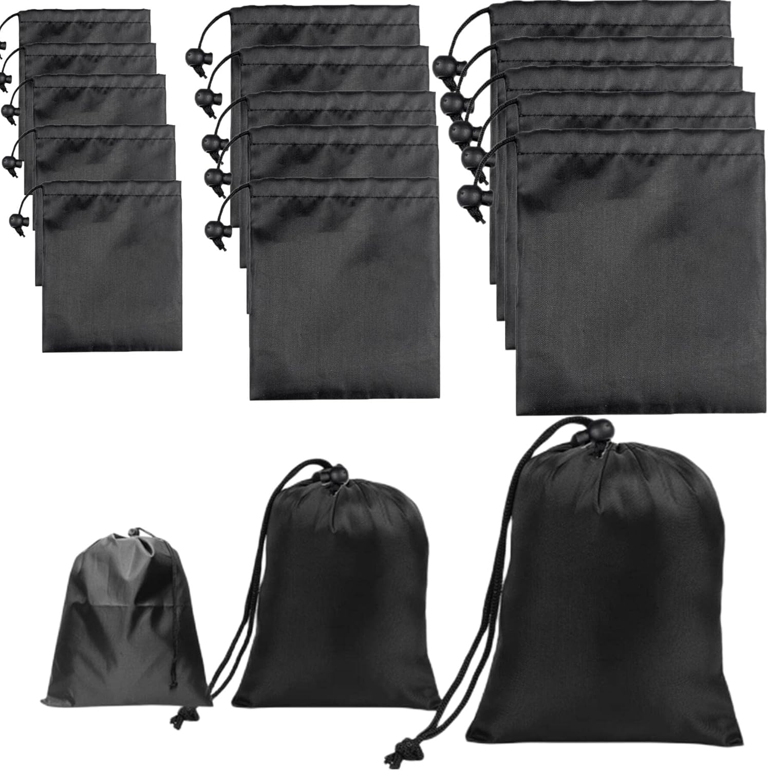 Drawstring Bag String Bag - 15Packs 3Sizes Nylon Cinch Ditty Stuff Pouch with Toggle for Gym, Luggage, Storage, Shoes, Travel