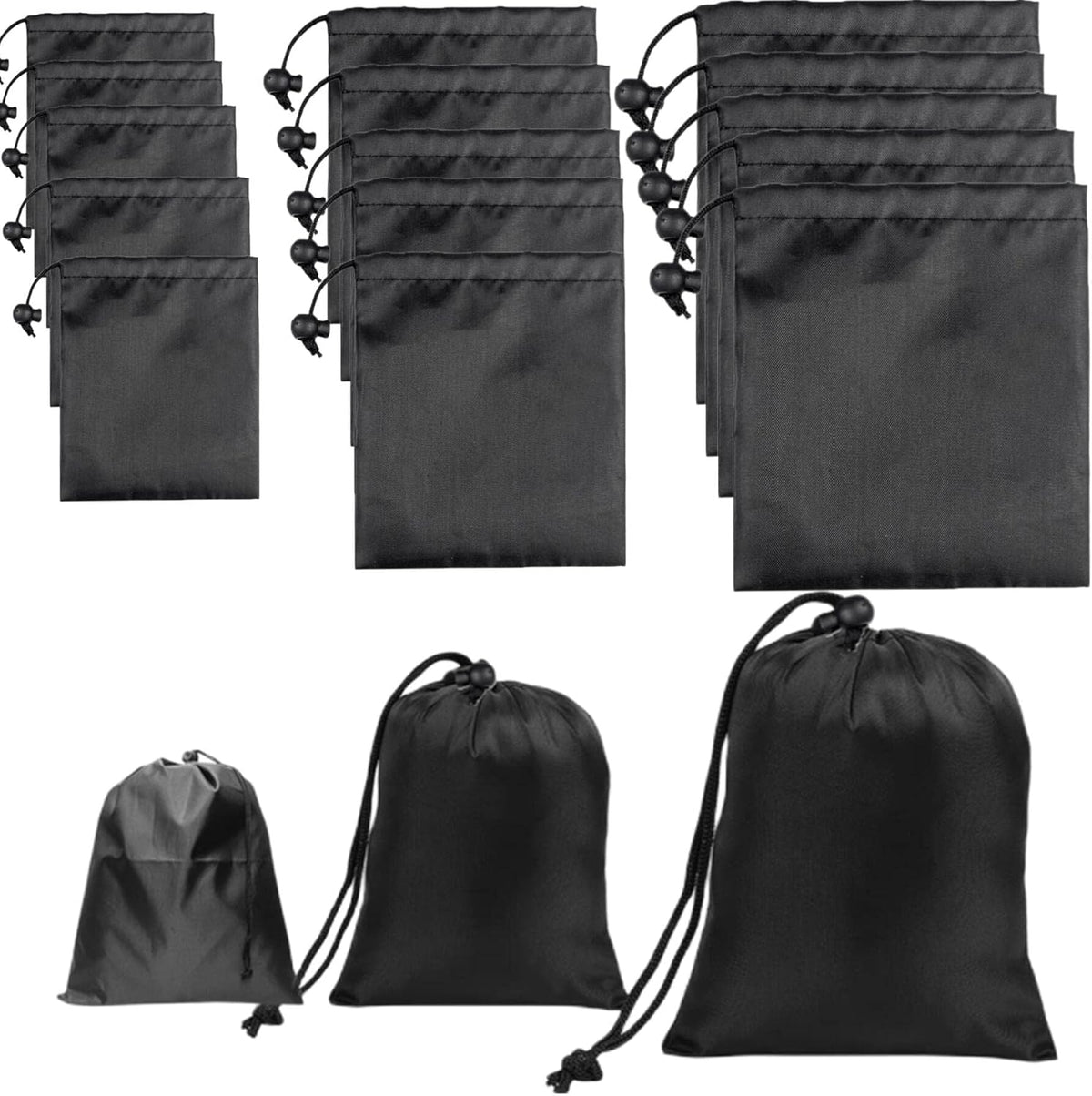 Drawstring Bag String Bag - 15Packs 3Sizes Nylon Cinch Ditty Stuff Pouch with Toggle for Gym, Luggage, Storage, Shoes, Travel