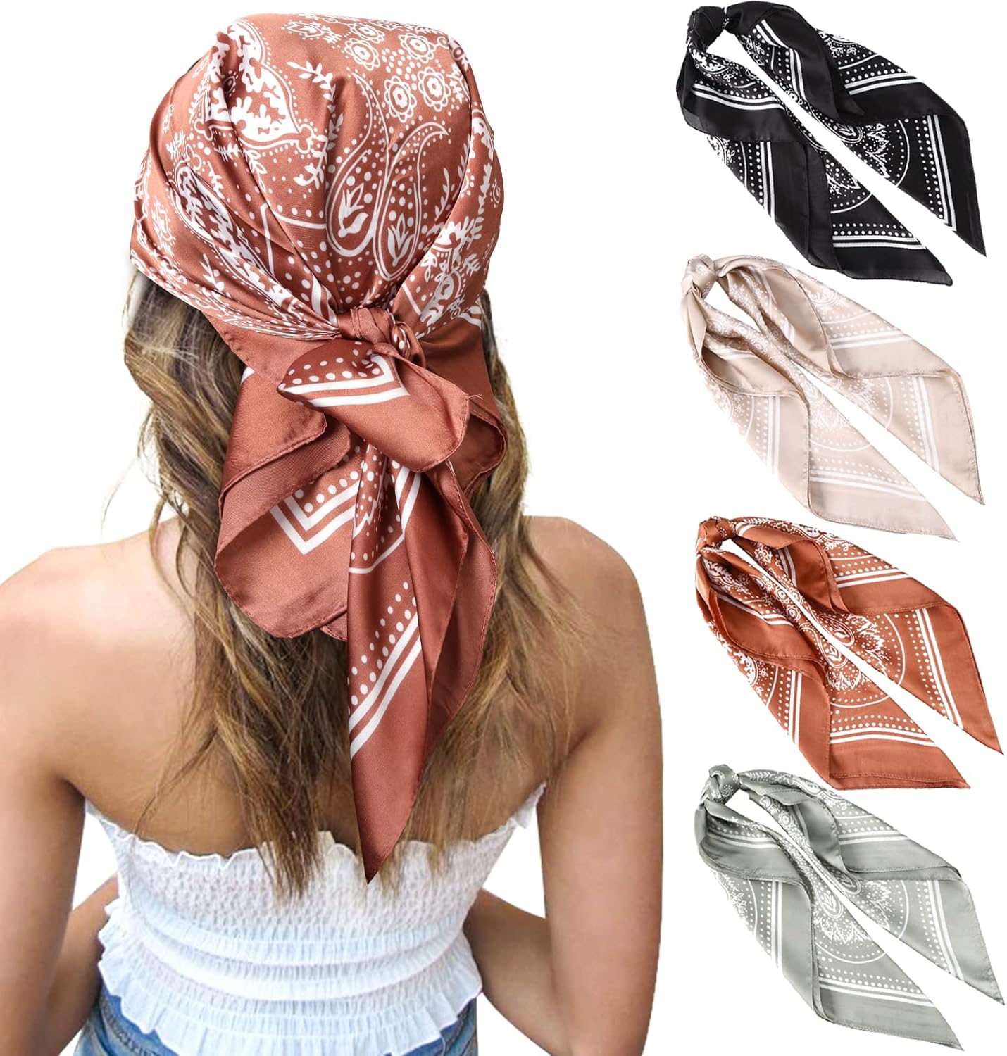 27 Inches Silk Feeling Square Head Scarf 4 Pcs Satin Square Head Scarves for Women Hair Bandanas
