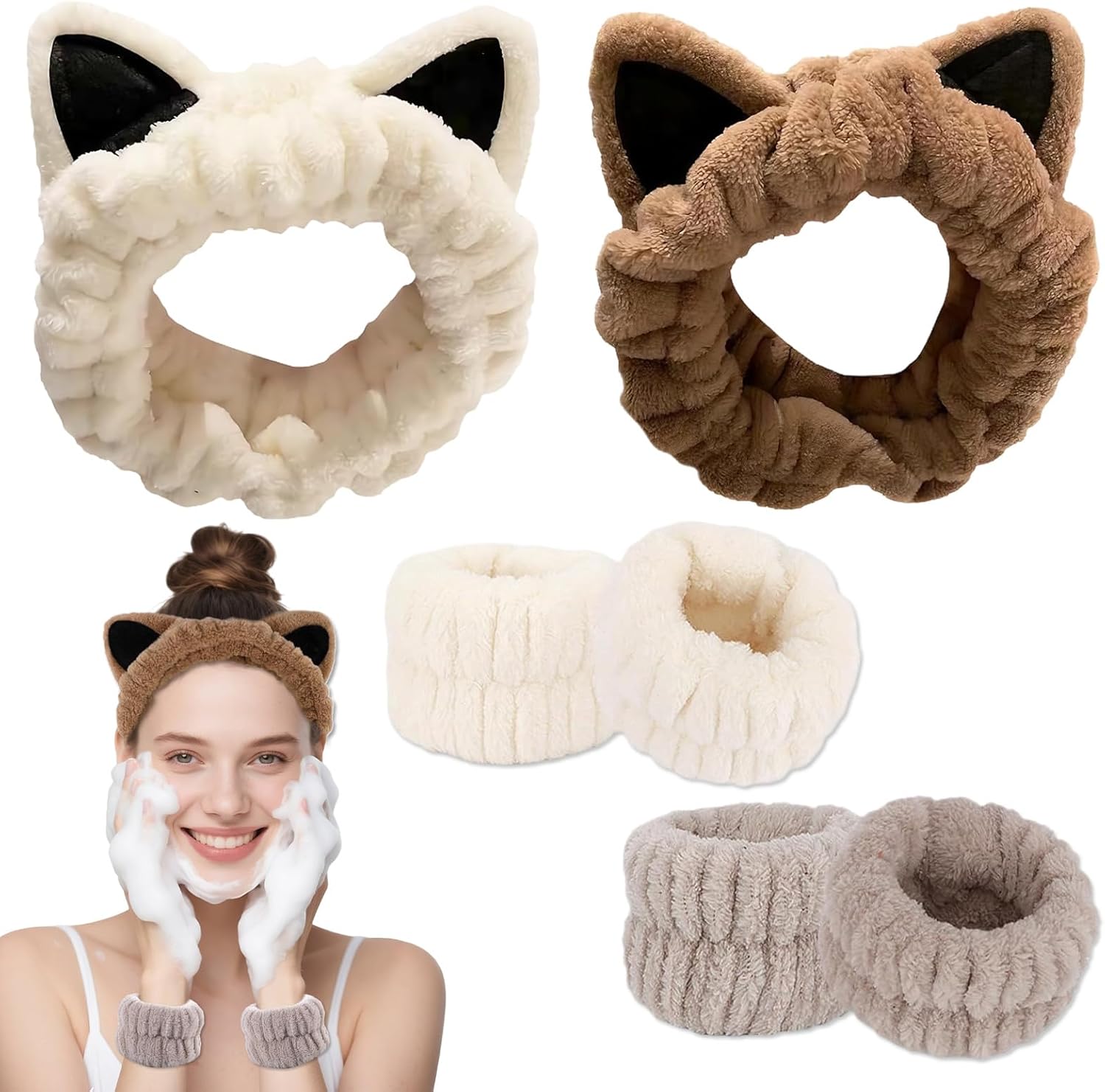 4-Piece Set Headband for Washing Face, Cute Makeup Headband & Wrist Bands to Wash Face, Skincare Headband, Spa Headband, Face Wash Wristbands, Stretchable Headbands, Perfect for Spa and Sports Use