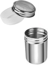 Stainless steel shaker with a fine mesh top and a translucent plastic lid.