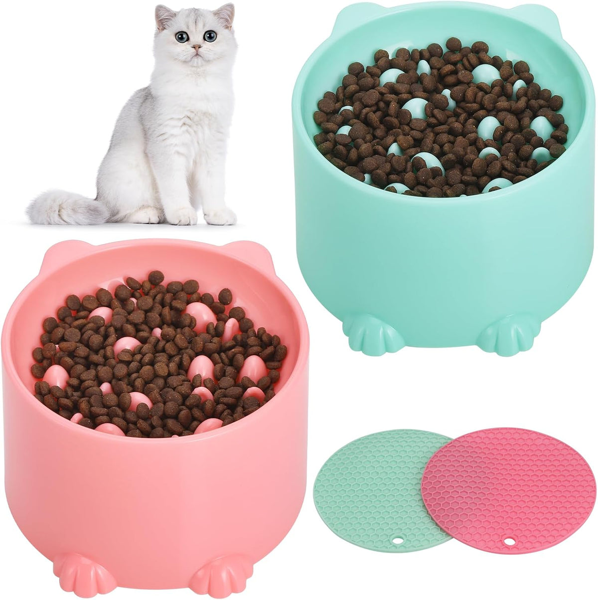 2-Pack Slow Feeder Cat Bowls, Raised Elevated Design with Anti-Slip Base & Ergonomic Neck Relief - Durable Plastic Pet Food Dishes (Pink & Green)
