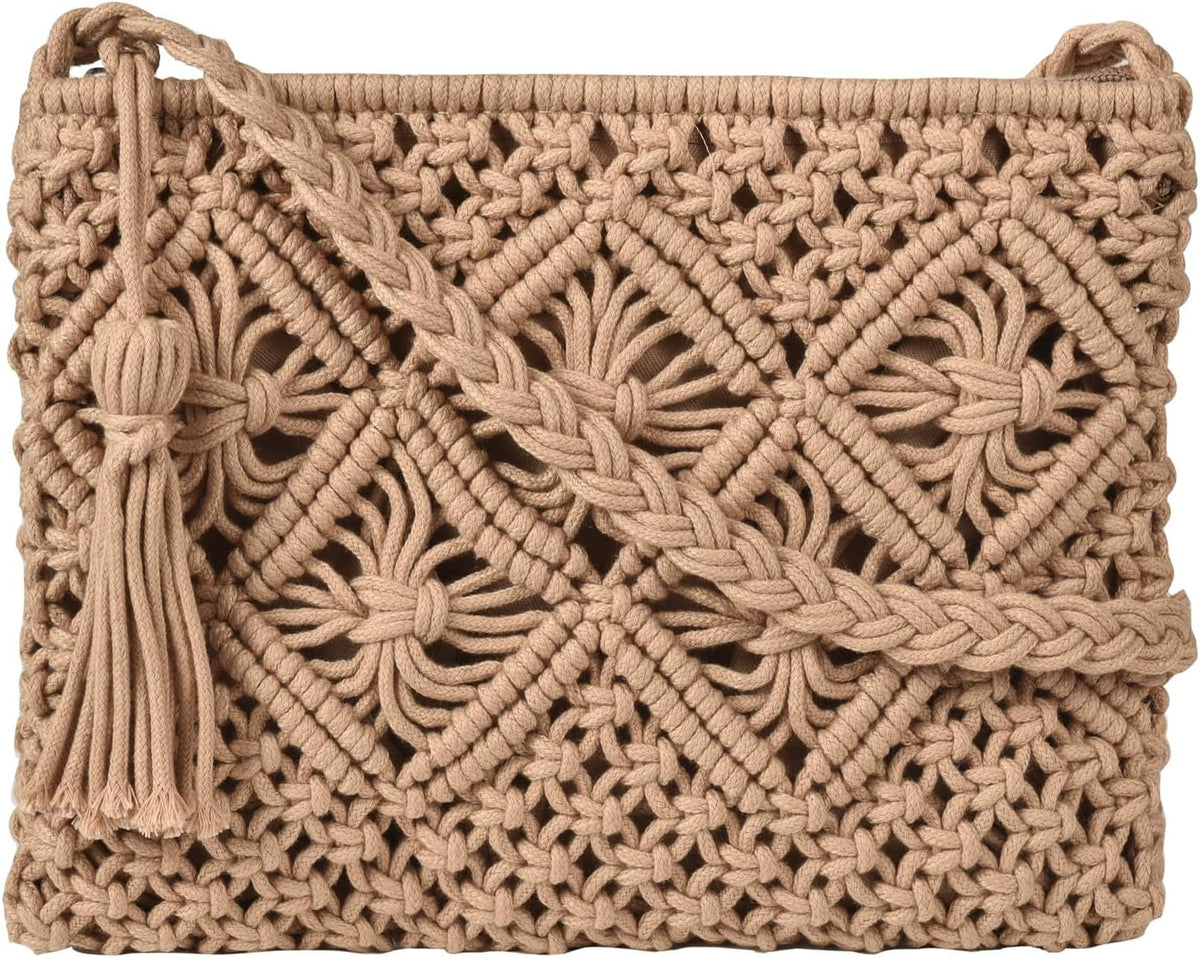 Boho Crossbody Handbag Summer Beach Shoulder Handbag Boho Envelope Clutch Crochet Handmade Purse Tassel