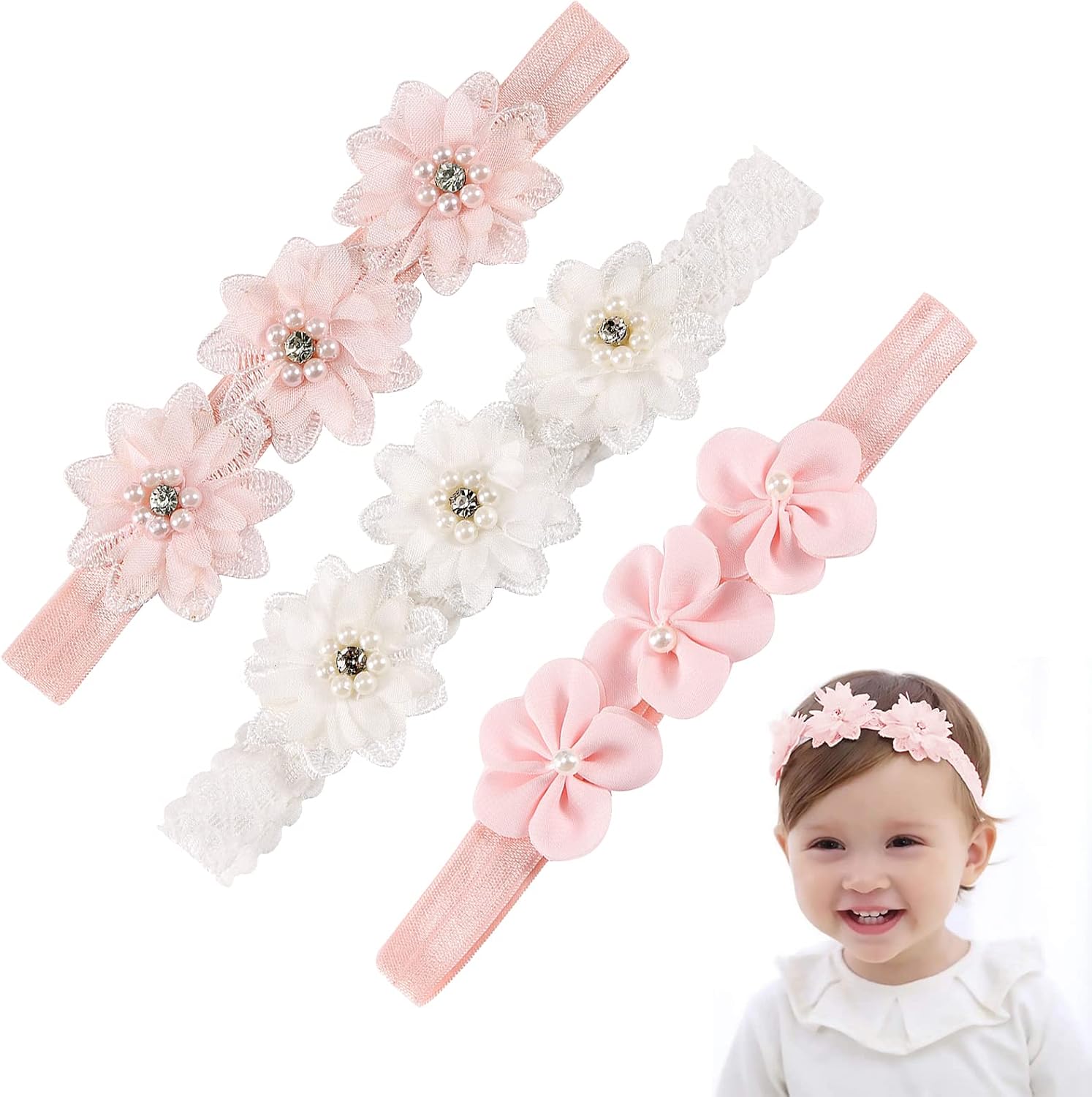 3Pcs Baby Girl Headbands Flowers, Lace Flower Pearls Baby Headband, Baby Girl Headbands, Super Soft & Stretchy Nylon Floral Hairbands, Flower Hair Accessories Baby Girl Gift, for Newborn Toddler