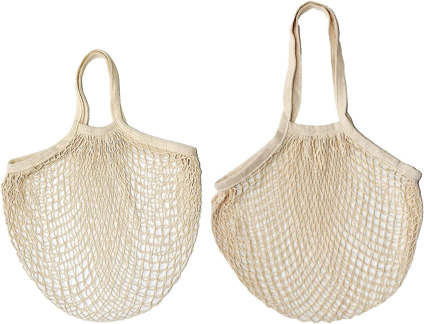 100% Cotton Reusable Mesh Shopping Bags (Long + Short) for Groceries, Vegetables, Fruits, and Beach Essentials in Natural Beige