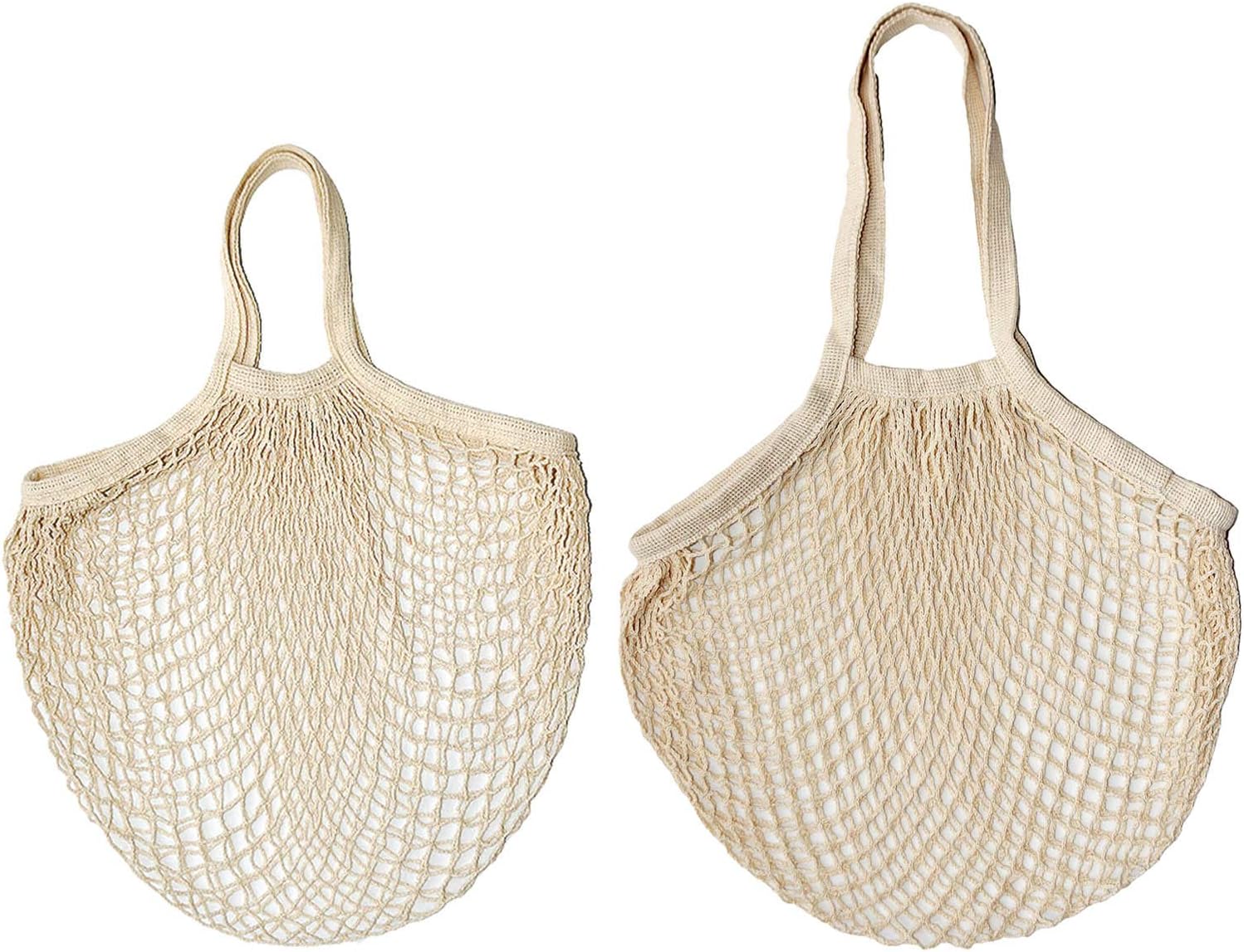 100% Cotton Reusable Mesh Shopping Bags (Long + Short) for Groceries, Vegetables, Fruits, and Beach Essentials in Natural Beige