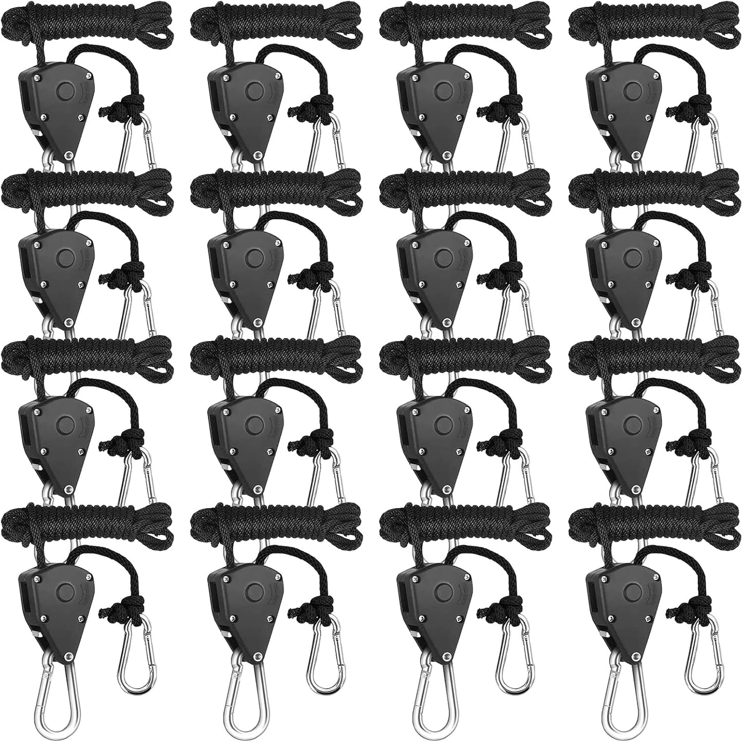 16pcs Heavy Duty Adjustable Lifting Pulley Ratchets Rope Clip Hanger Lanyard Strap with Aluminium Carabiners Internal Gears for Hanging Fixtures Reflectors Carbon Multipurpose Use