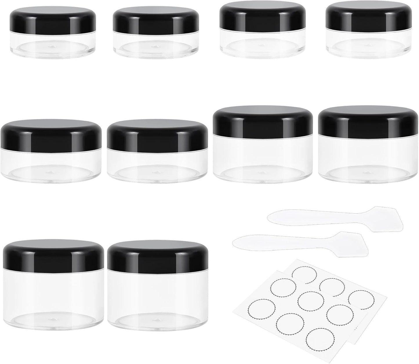 10 Pieces Small Travel Containers, 3/5/10/15/20 Gram Size for Creams, Sample With Screw Lids, 12Pcs Labels/2Pcs Mini Spatulas, Plastic Makeup (Black)