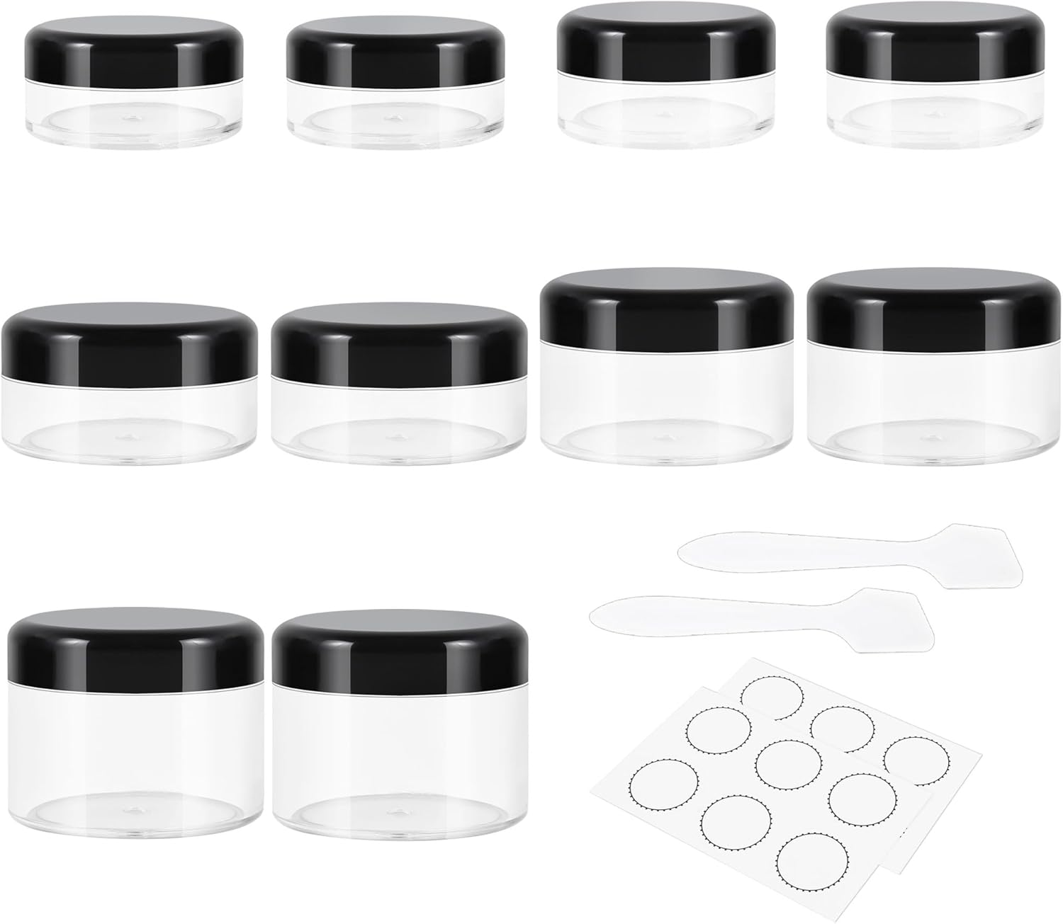 10 Pieces Small Travel Containers, 3/5/10/15/20 Gram Size for Creams, Sample With Screw Lids, 12Pcs Labels/2Pcs Mini Spatulas, Plastic Makeup (Black)