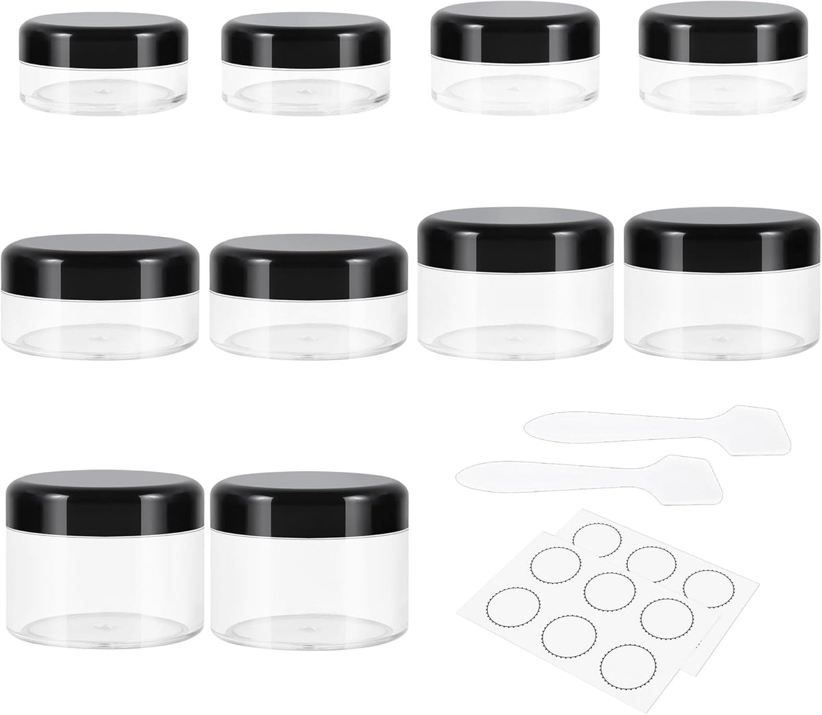 10 Pieces Small Travel Containers, 3/5/10/15/20 Gram Size for Creams, Sample With Screw Lids, 12Pcs Labels/2Pcs Mini Spatulas, Plastic Makeup (Black)