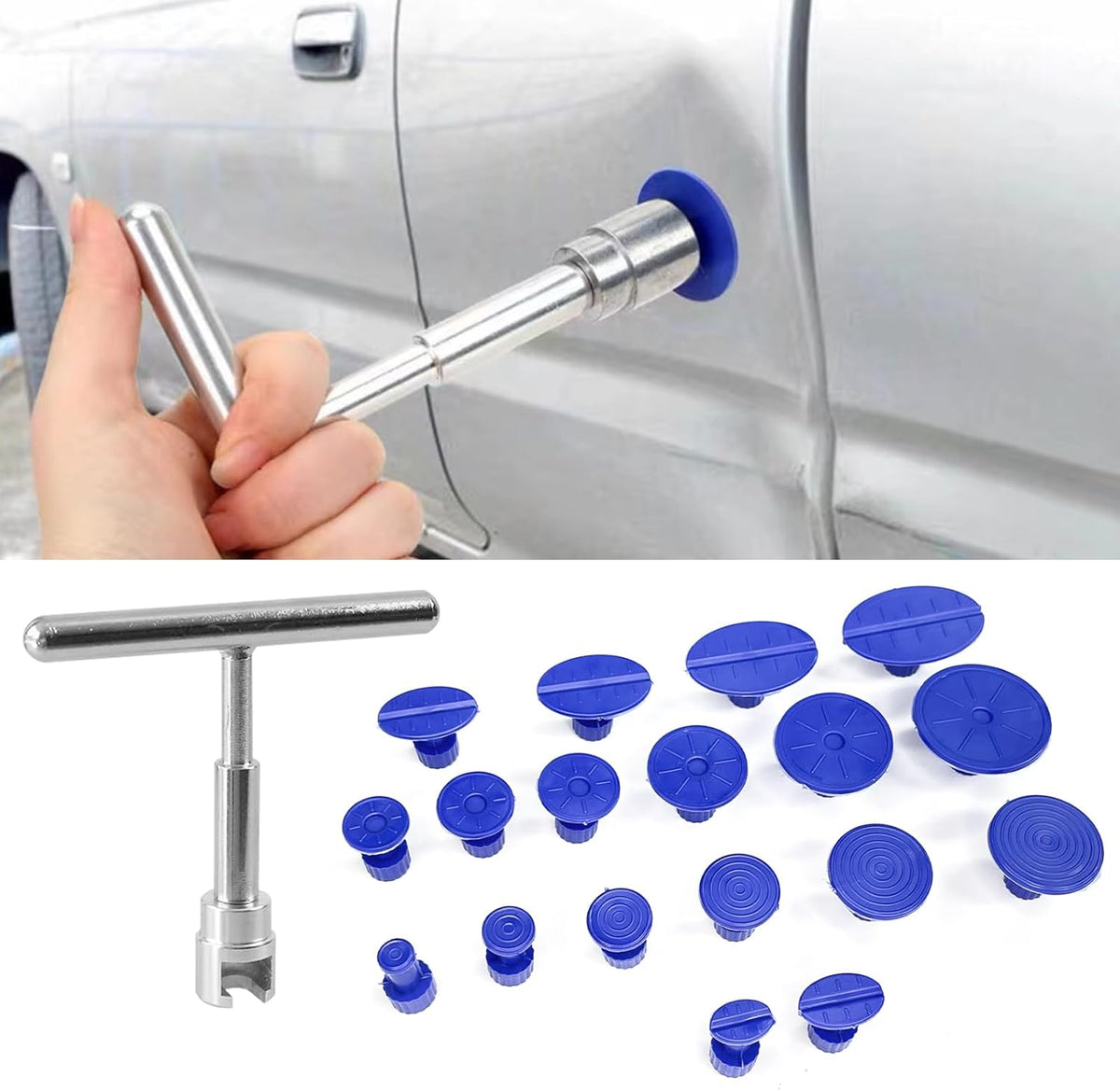 Car Dent Remover Puller Kit, Paintless Dent Repair Tool, Car Body Dent Small Hail Dent Remover Set with Aluminum T Slide Hammer and 18PCS Suction Cup for Car, Metal, Glass, Screen and Tiles