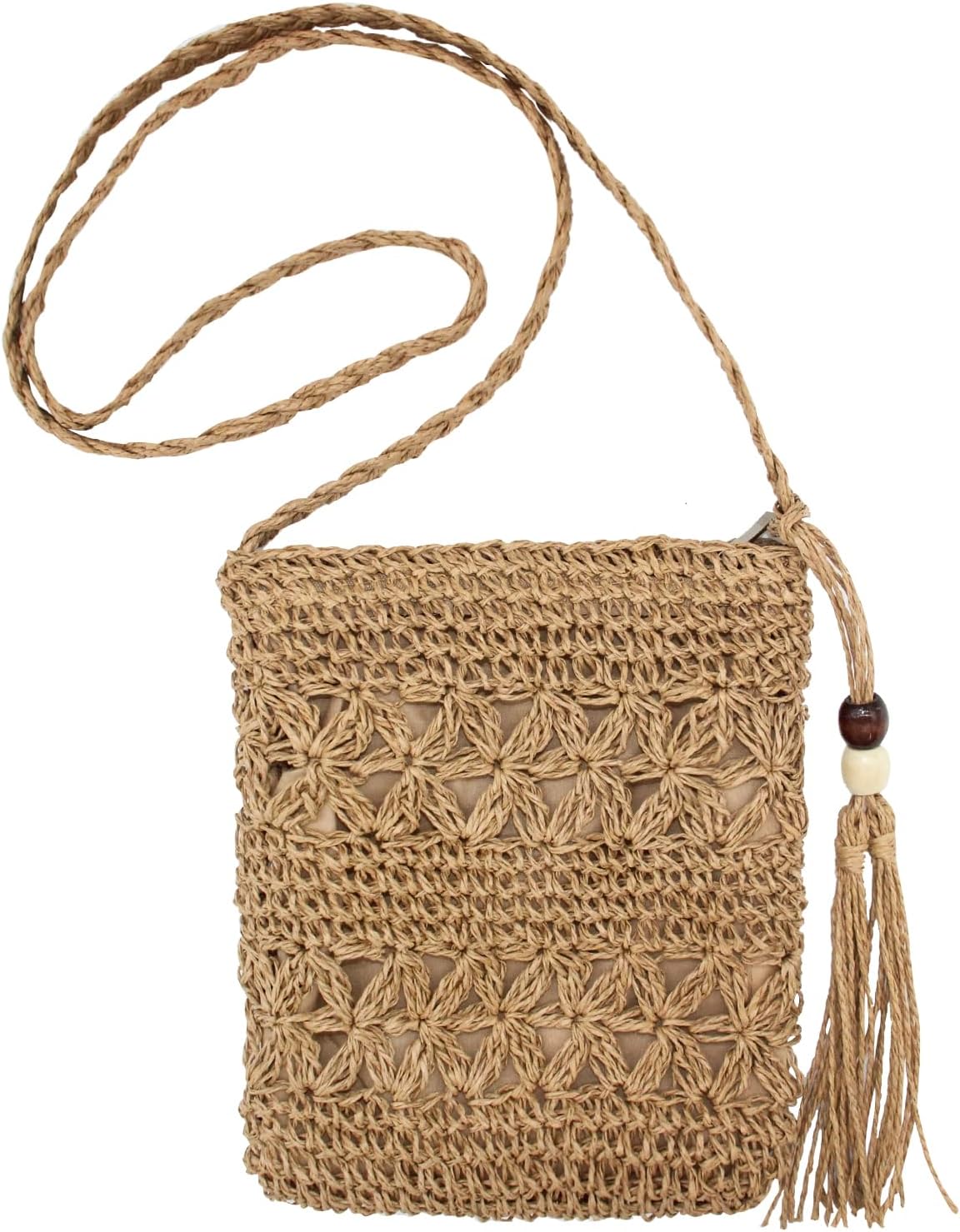 Women Small Straw Bag Summer Beach Crossbody Bag with Tassel Boho Weave Handmade Shoulder Purse or Holiday Travel