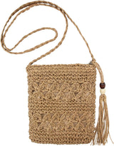 Women Small Straw Bag Summer Beach Crossbody Bag with Tassel Boho Weave Handmade Shoulder Purse or Holiday Travel