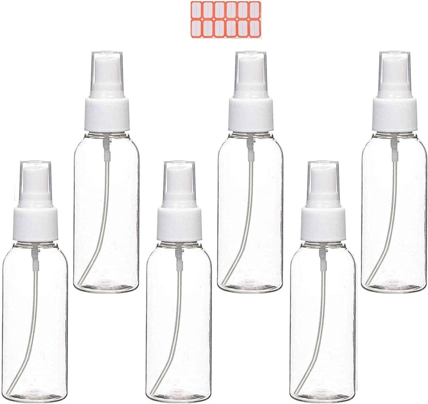 6 Piece Spray Bottles 30ml Clear Empty Fine Mist Plastic Mini Travel Bottle Set, Small Refillable Liquid Containers with 12 Piece Labels