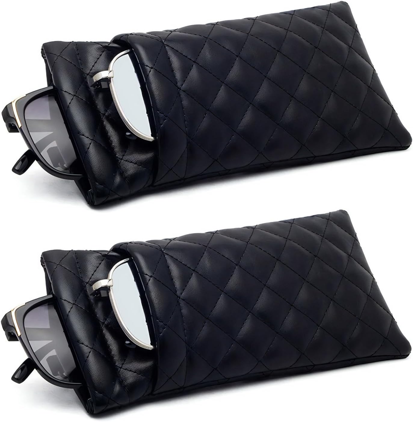 2 Pcs Double Glasses Case, PU Leather Double Eyeglass Case Large Squeeze Top Portable Sunglass Case For Women Men