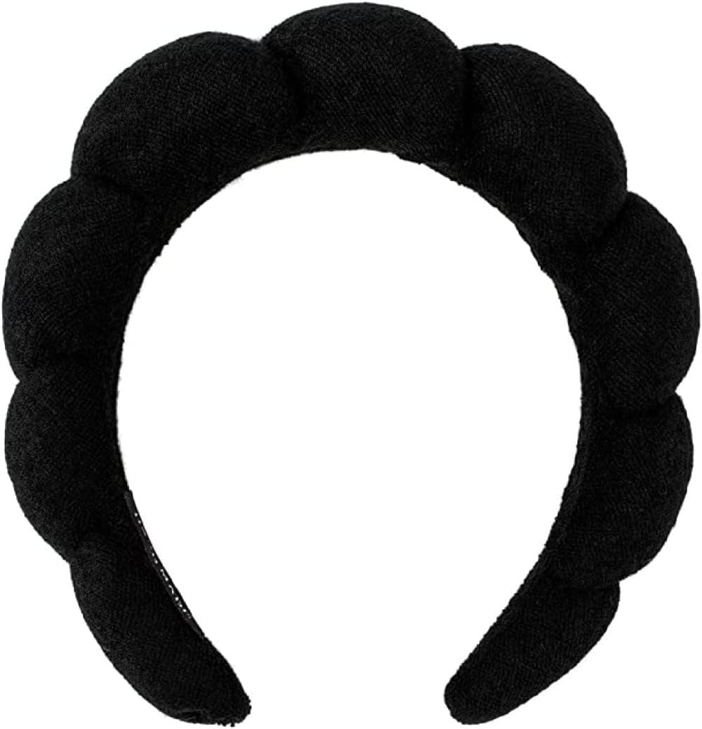 Spa Headband Hair Band for Women - Puffy Sponge Black Headbands for Washing Face Hair Headband for Skincare, Makeup Removal, Shower - Soft Absorbent Terry Towel Cloth Fabric