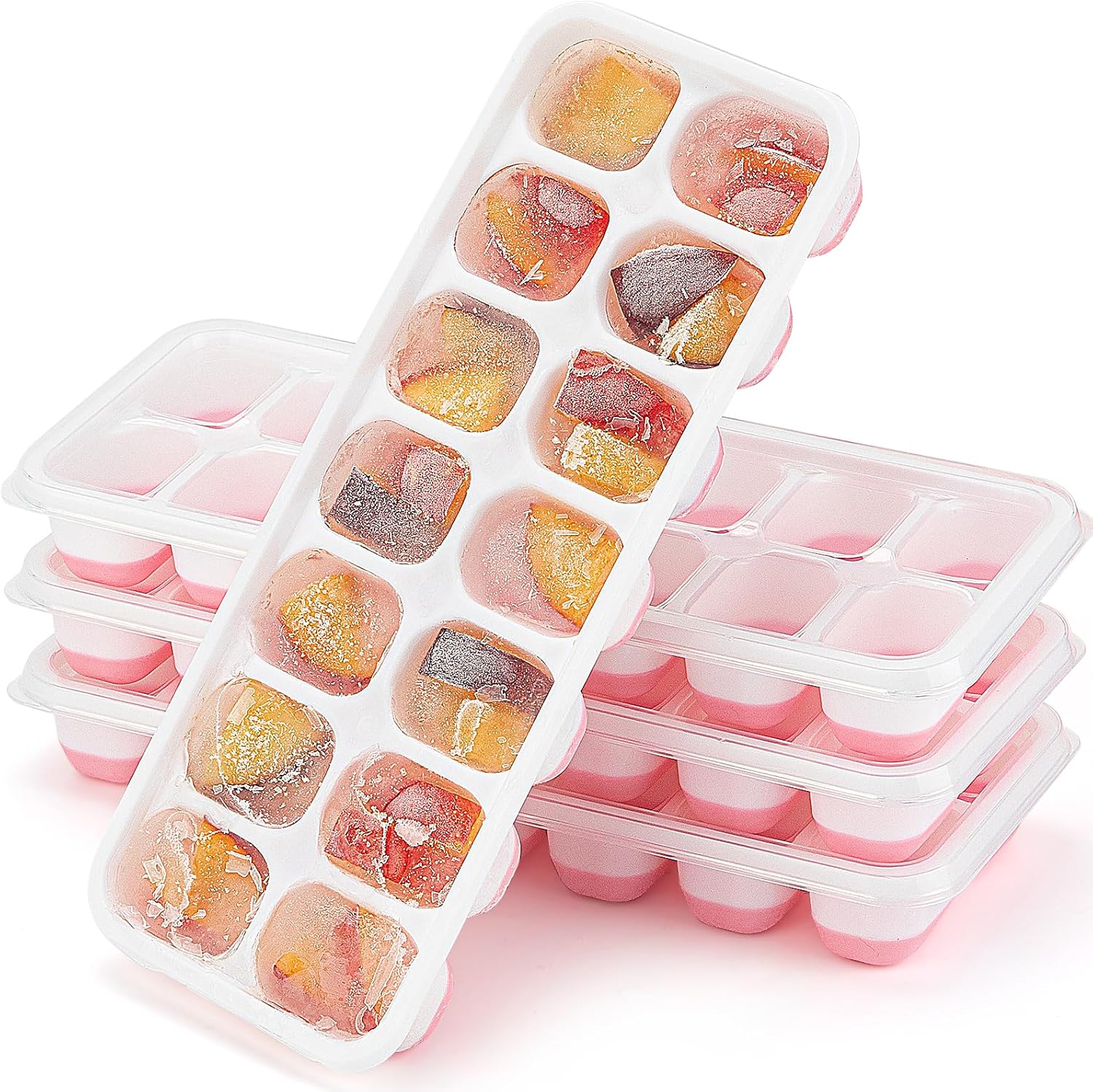 Ice Cube Tray,14 Ice Cube Molds with Lids, 2 Pack Silicone Ice Tray, Stackable Ice Cube Molds for Chilling Drinks, Whiskeys, Cocktails, Easy to Use (Pink)