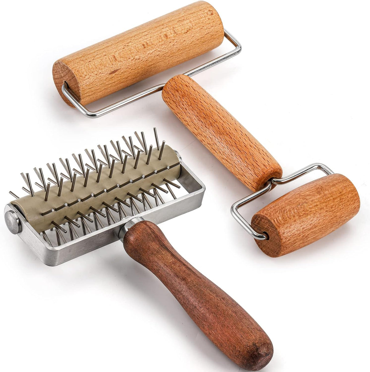 Set of 2 Pizza Dough Roller & Docker, Stainless Steel Hole Maker Puncher, Wooden Rolling Pin for Pizza, Cookie, Pie, Pastry, Bread, Crust