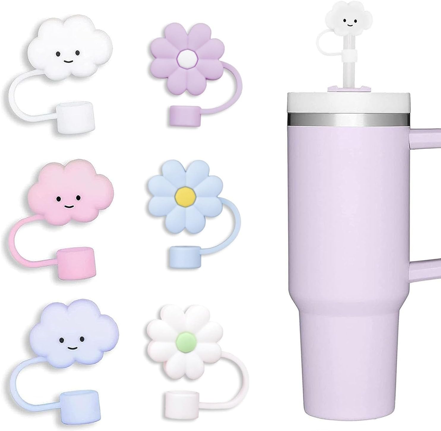 10mm Straw Cover, 6pcs Cap for Stanley Cup 40 oz 30 oz, Food Grade Silicone Cute Large Cloud Flower Topper Tips Protector Plugs, Tumbler Accessories