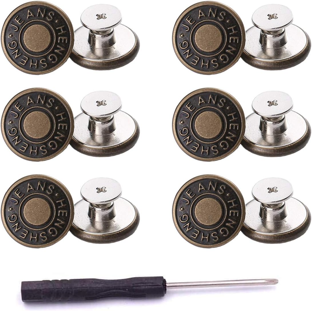 12 Pcs Button for Sewing Metal Jeans, 17 mm No-Sew Nailess Removable Metal Jeans Buttons Replacement Repair Combo Thread Rivets and Screwdrivers