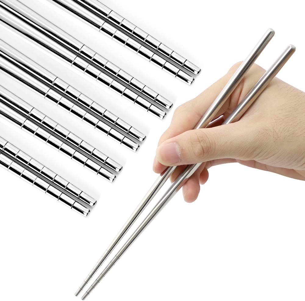 Stainless Steel Chopsticks Reusable Multicolor Lightweight 304 Metal Chopsticks Dishwasher Safe - 5 Pairs (Silver)