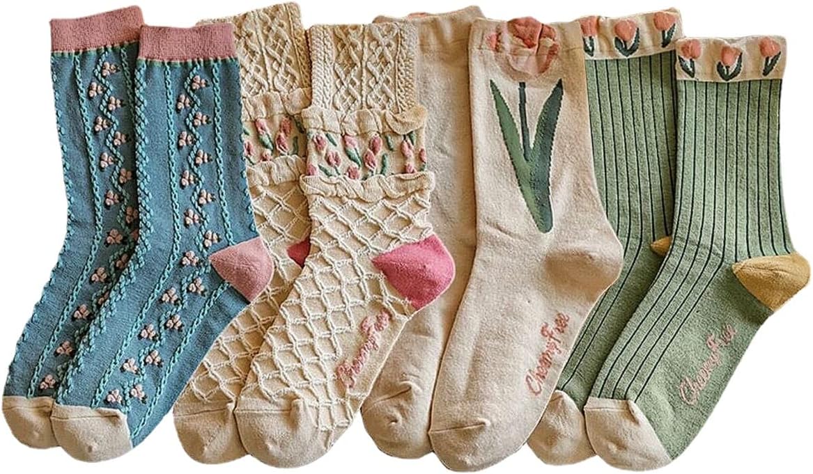 Casual Vintage Floral Cotton Socks for Women 4 Pairs Cute Ruffle Slouch Socks 5-9 for Teen Grils Above Ankle Athletic Socks