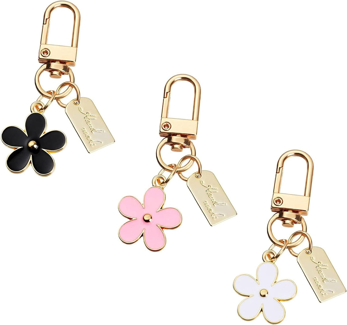 3 Pcs Keychains for Women, Bag Charm Flower Key Chain Car Key Ring Pendant for Purse, Handbag Bag, Earphone Case Decoration, Pink, Black, White, One Size