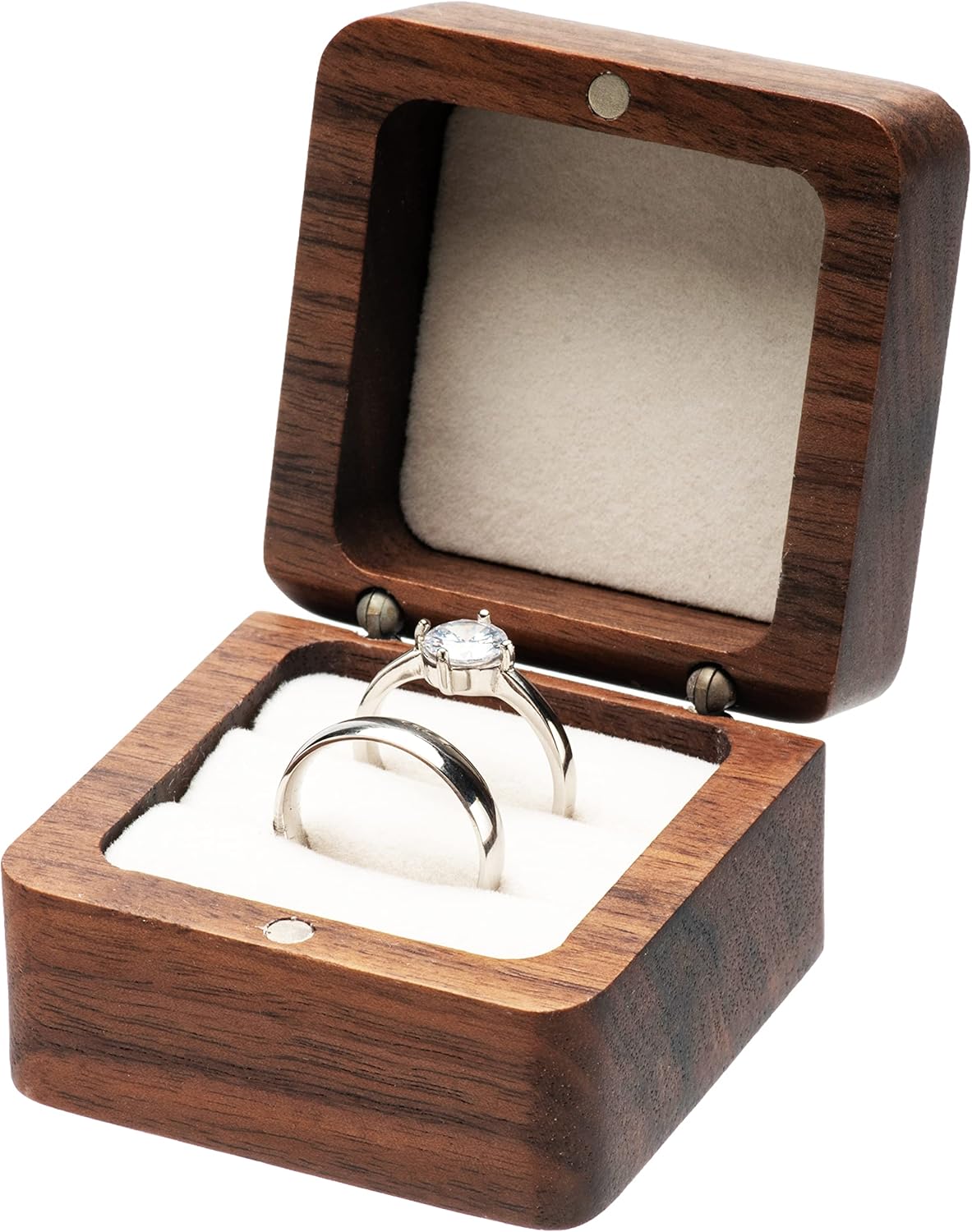 Square Solid Wood Double Ring Box Case for Wedding Ceremony Engagement Proposal,Wooden Ring Holder for 2 Rings (Beige Inner)