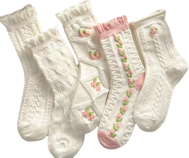 5 Pairs White Cute Socks, Women's Lace Ruffles Ankle Casual Sock, Cottagecore Breathable Mid Tube Socks, Floral Crew Socks