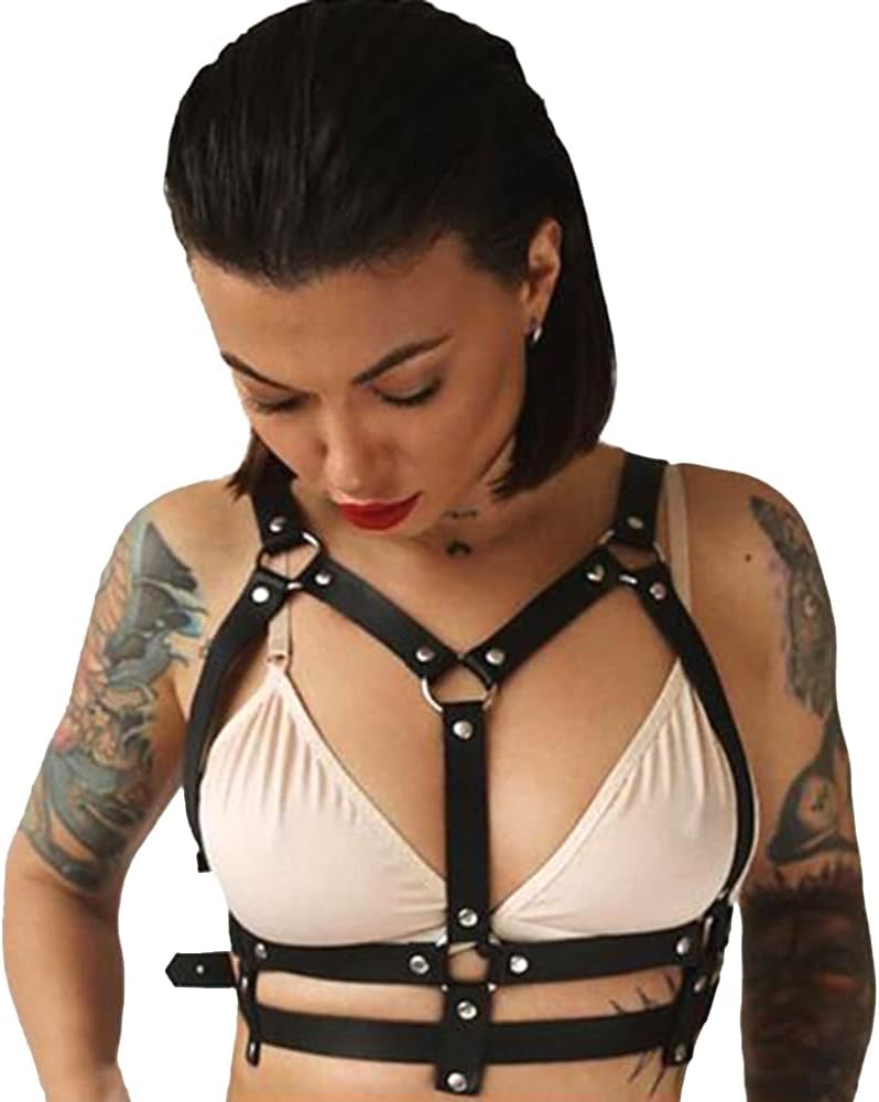 Punk Black Leather Chest Harness Body Waist Chain Belt Rave Nightclub Sexy Belly Bra Jewelry Accessory for Women Girls, Black, One size fits all