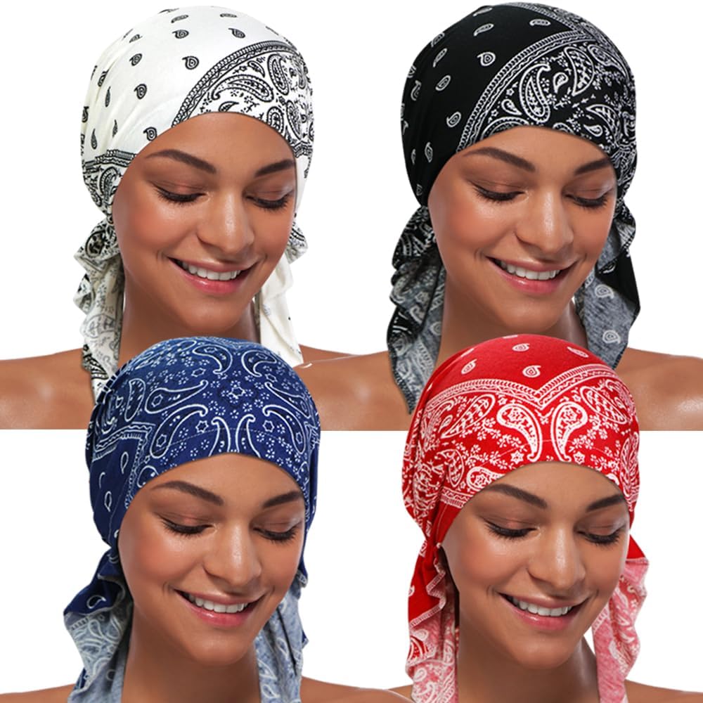 4 Pieces Women Chemo Hat Turban Beanie, Pre-Tied Headwraps Headwear Bandana for Hair Loss