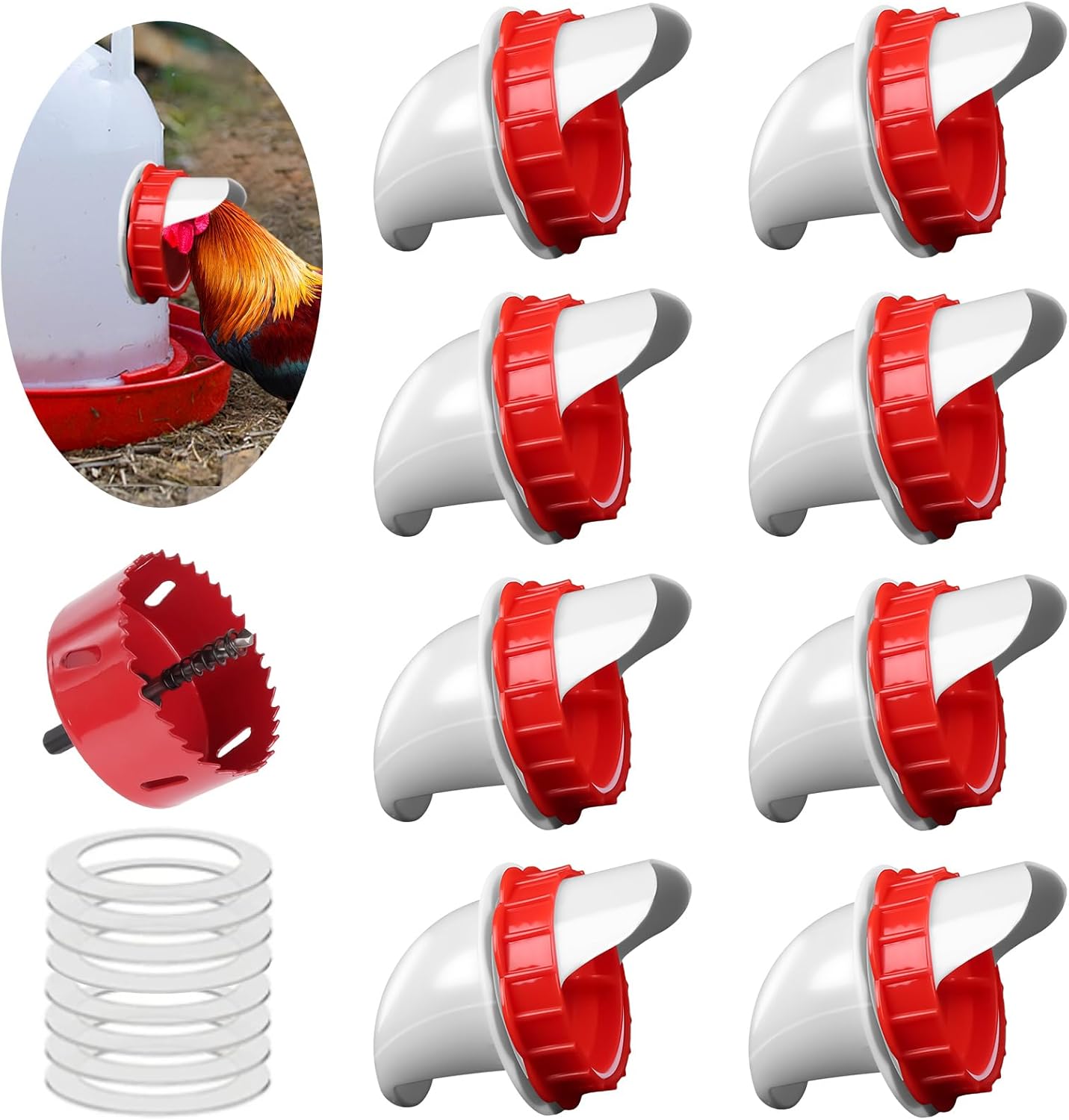 DIY Chicken Feeders, No Waste Automatic Poultry Feeder 8 Ports 1 Hole Saw Gravity Chick Feeders Rodent Proof Rain Proof Port for Buckets Barrels Bins Troughs (8 pcs)