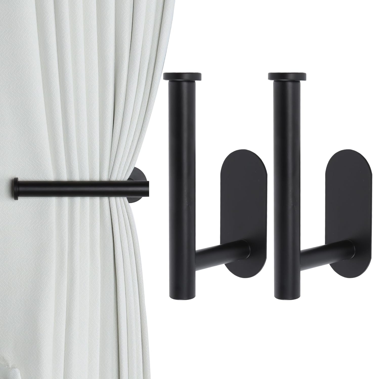2 Pack Adhesive Curtain Holdbacks - No Drill Curtain Tie Backs & Pull Backs Curtain Holders for Drapes (2, Black)