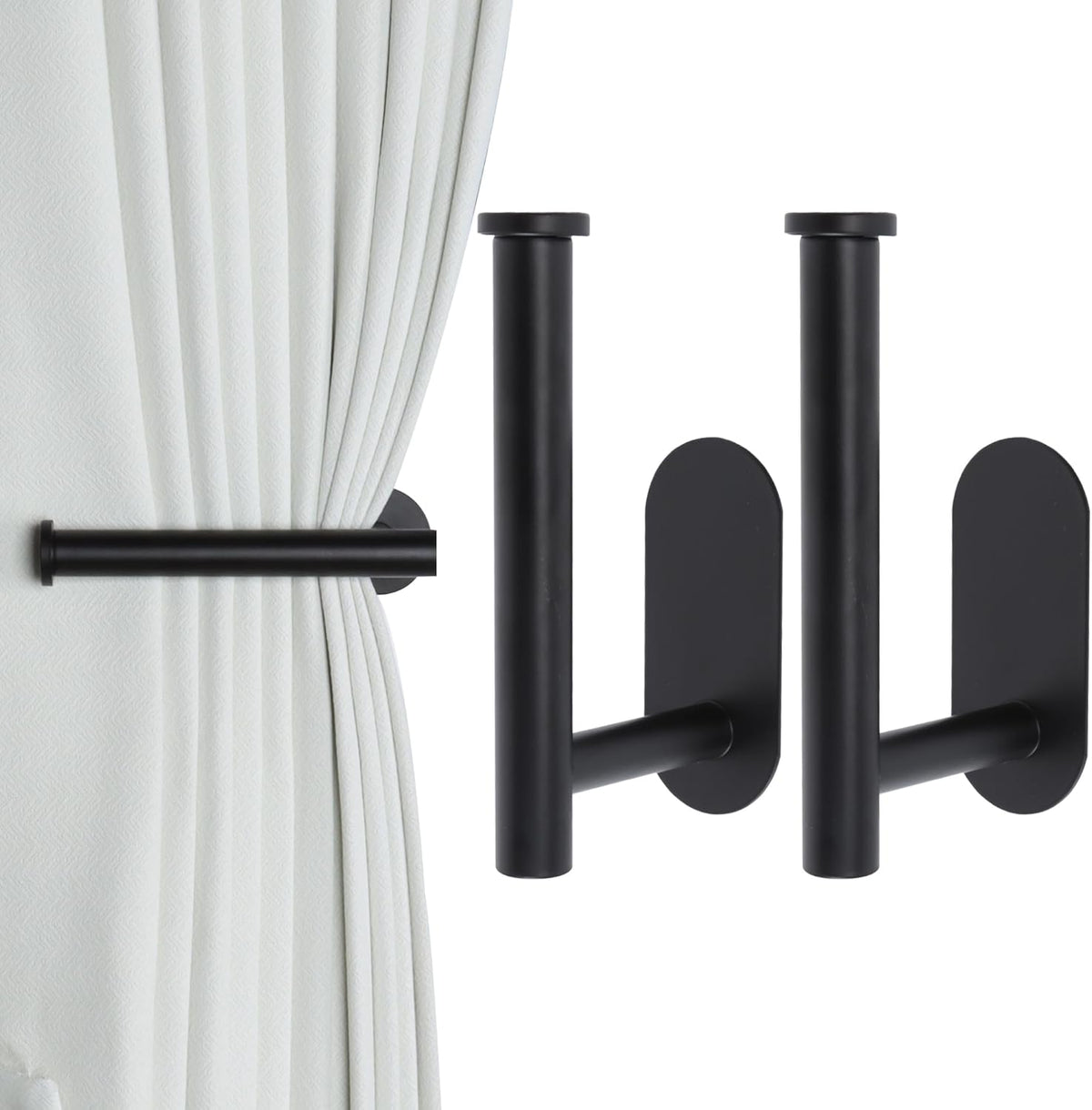 2 Pack Adhesive Curtain Holdbacks - No Drill Curtain Tie Backs & Pull Backs Curtain Holders for Drapes (2, Black)