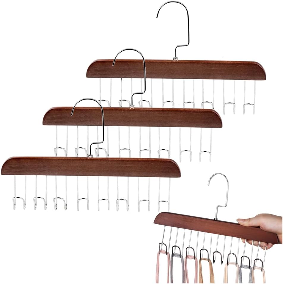4 Pack Tank Top Bra Hanger, Wood Tie and Belt Hanger, Anti Slip Multi Hook Coat Rack, Hanging Closet Organization Storage Holder for Belts, Ties, Scarfs, Bras, Camisoles (Dark Brown)