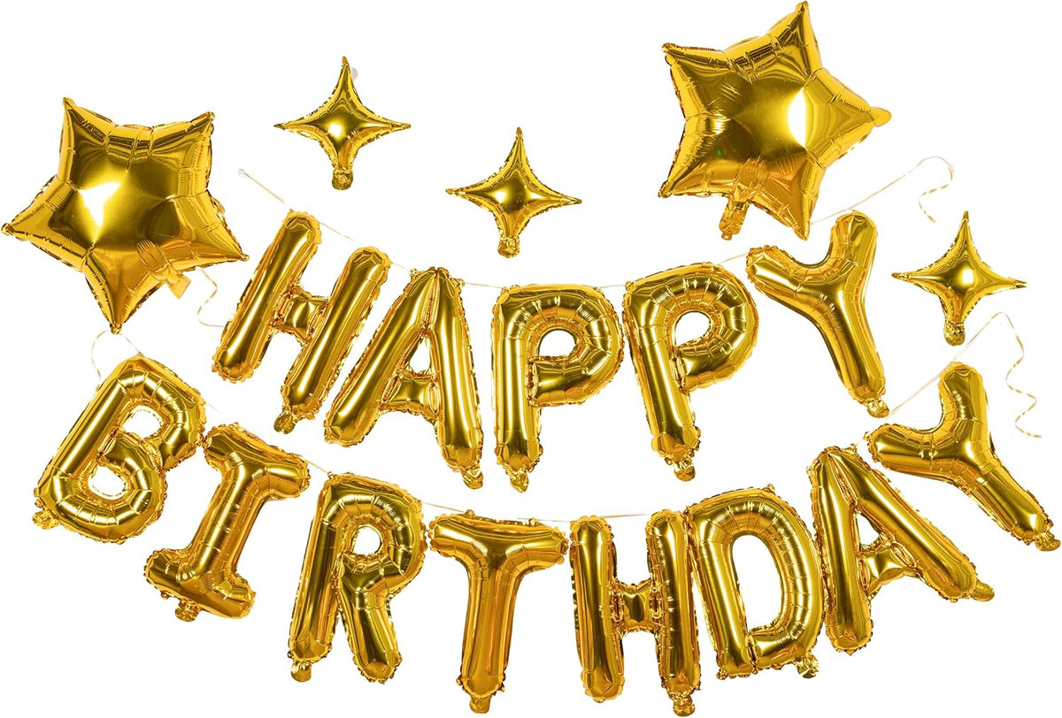 23pcs Birthday Balloons Banner, 3D Gold Premium Mylar Foil Ecofriendly Letter Happy Birthday Banner with 5pcs Star Balloons Kits for Kids Girls Boys Men Adults Birthday Party Decorations US7GD