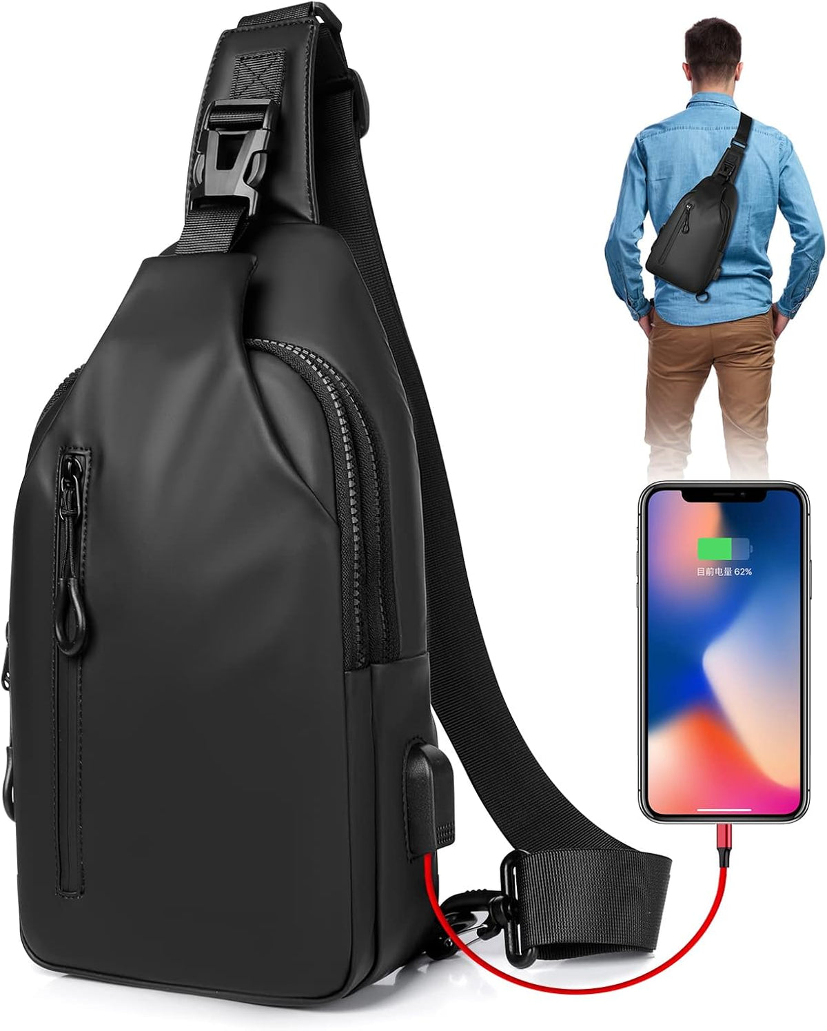 Small Crossbody Sling Backpack  Casual Chest Daypack with USB Charger Port Waterproof Outdoor Chest Sling Bag Shoulder Chest Bag Daypack for Women & Men Perfect for Traveling Hiking Cycling