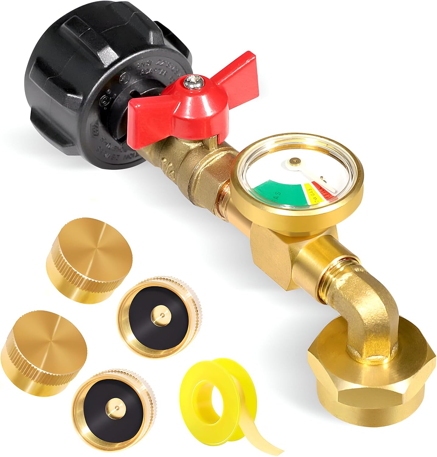 Propane Refill Adapter 20lb to 1lb Camping, 90 Degree Upgrade Propane Tank Adapter 20lb to 1lb Converter with Gauge and Control Valve for Propane Heater Grill Stove, 4 Caps Included,Solid Brass