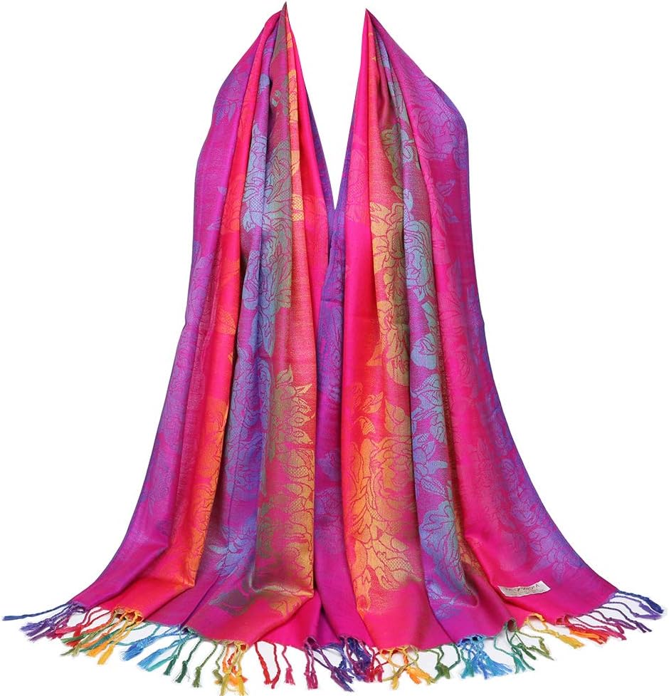 Colorful flowers Jacquard cotton pashmina Women Wrap Shawl tassels Scarves