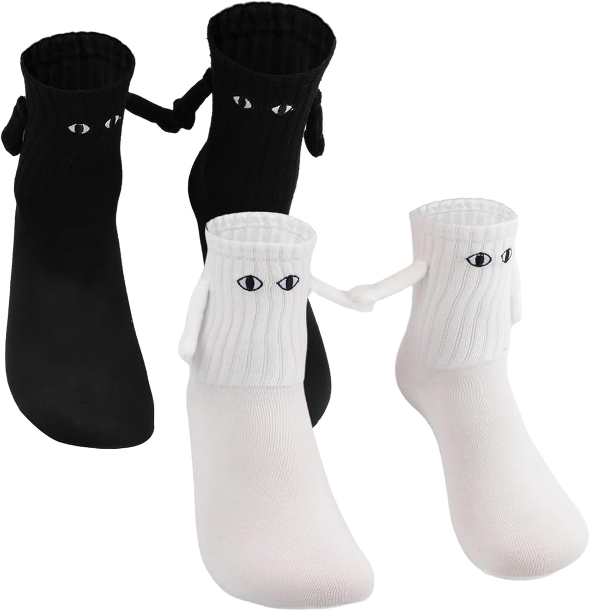 2 Pairs Hand In Hand Socks, Funny Magnetic Socks, Couple Holding Hands Socks, Friendship Socks, Novelty Socks for Women Men,Cute Socks with Eyes (White+Black)