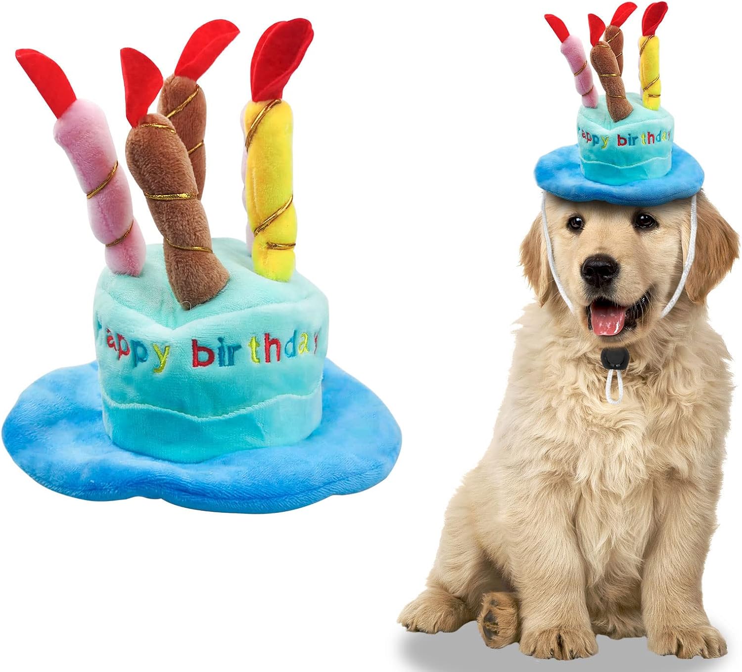 Dog Birthday Hat, Soft Plush Pet Birthday Cake Hat with 5 Colored Candles Cute Cat Birthday Party Hat for Pet Birthday Party (Blue)