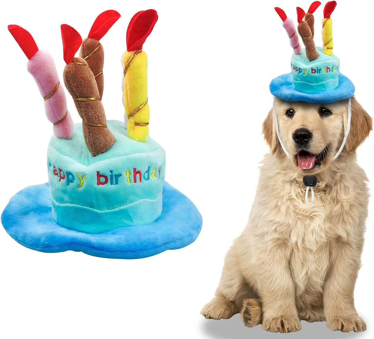 Dog Birthday Hat, Soft Plush Pet Birthday Cake Hat with 5 Colored Candles Cute Cat Birthday Party Hat for Pet Birthday Party (Blue)
